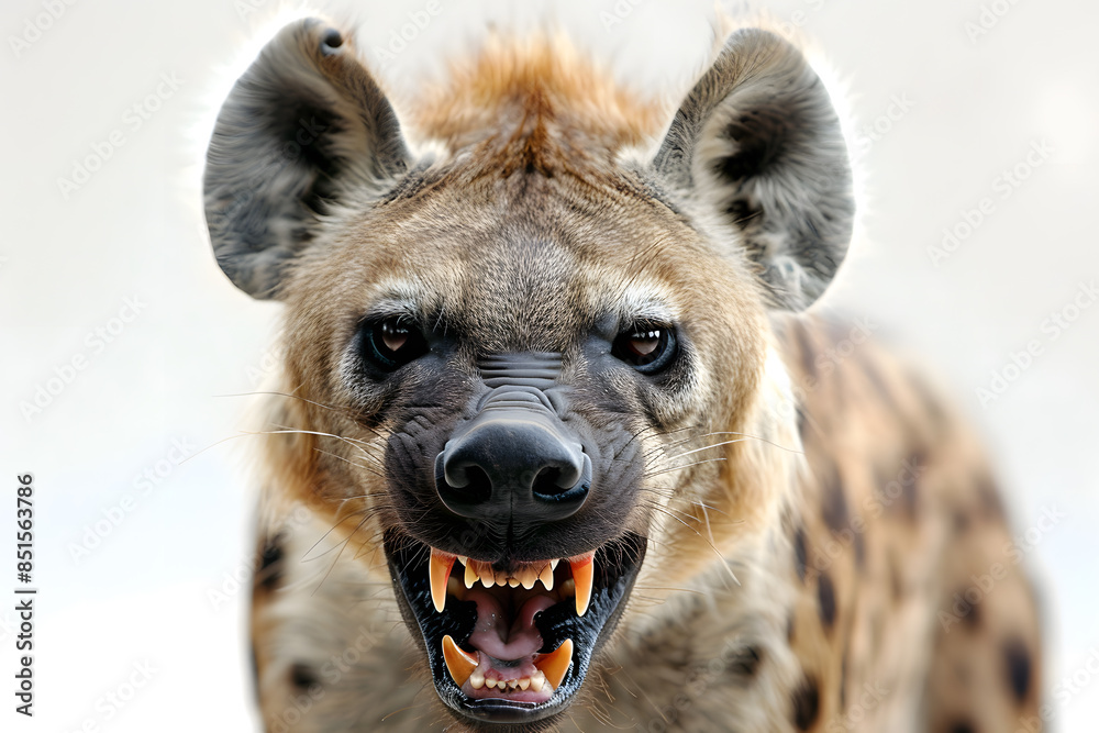 Obraz premium Closeup head shot of angry hyena face isolated on white background