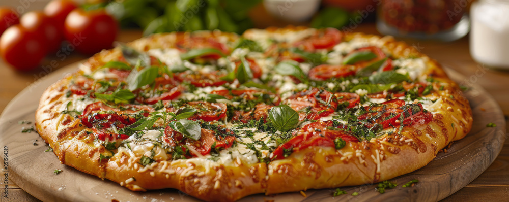 A rustic pizza topped with an abundance of fresh vegetables, its crispy crust and gooey cheese inviting a taste, representing comfort food at its finest. A rustic pizza topped with an abundance of fresh vegetables, its crispy crust and gooey cheese inviting a taste, representing comfort food at its finest.