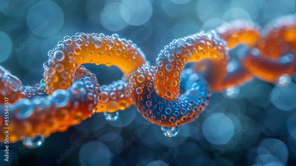 Macro shot of water droplets clinging to orange looped chains with a blurry background Macro shot of water droplets clinging to orange looped chains with a blurry background