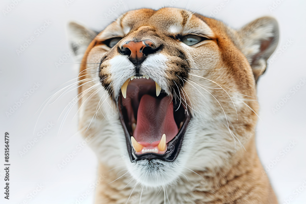 Obraz premium Closeup head shot of Puma face isolated on white background