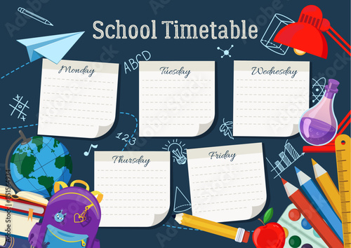 School Timetable poster template with sticker notes for subjects. Weekly planner or daily timetable of the week. Schedule organizer decorated with popular school stuff and symbols.