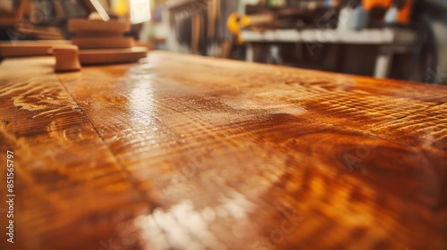 Close-up of a polished wooden surface in a workshop, showcasing the quality and texture of the wood grain in a finely crafted tabletop.