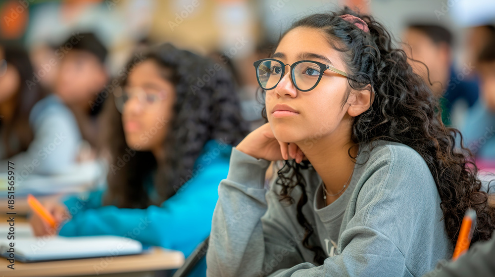 Obraz premium Young female student in glasses listens attentively to lecture by teacher in classroom