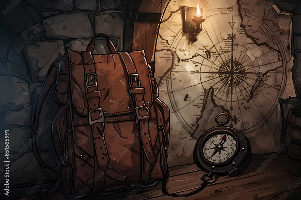Explorer's Backpack with Map and Compass in Vintage Style Explorer's Backpack with Map and Compass in Vintage Style