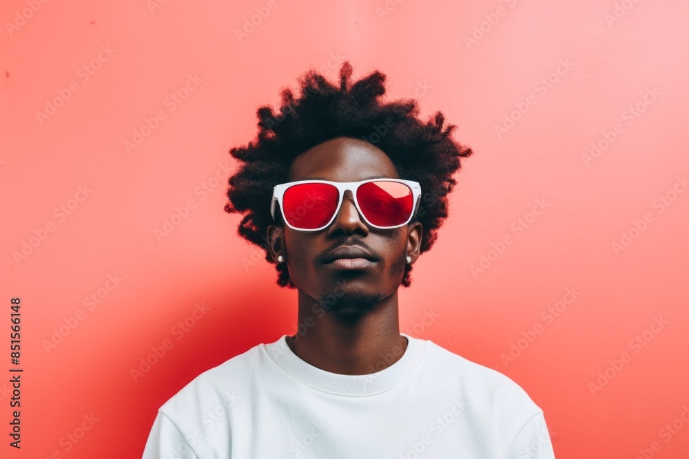Portrait of a content afro-american man in his 20s wearing a trendy sunglasses on plain white digital canvas Portrait of a content afro-american man in his 20s wearing a trendy sunglasses on plain white digital canvas