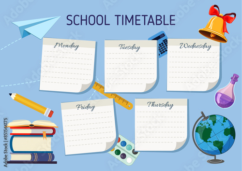 School Timetable poster template with sticker notes for subjects. Weekly planner or daily timetable of the week. Schedule organizer decorated with popular school stuff and symbols.
