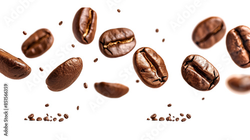 a dynamic flying coffee beans suspended on a pristine on a transparent background