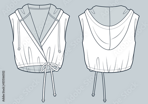 Hooded Shirt technical fashion illustration. Wrapped Crop Hoodie fashion flat technical drawing template, drawstring waist, relaxed fit, front and back view, whit, women, men, unisex Top CAD mockup.