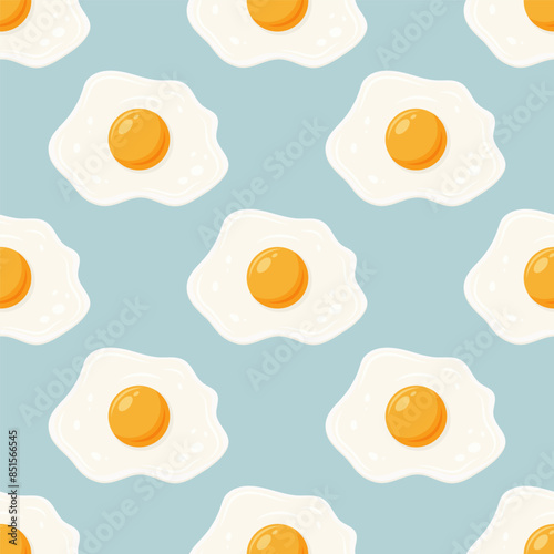 Vector Seamless Pattern with Fried Egg, Sunny-Side-Up on Blue Background. Healthy Breakfast, Protein Food Print
