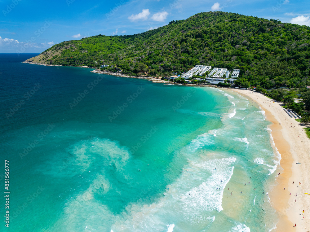 Fototapeta premium Amazing seascape view seashore and mountains, Aerial view of Tropical sea in the beautiful Phuket island Thailand, Travel and business tour website background concept