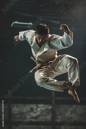 Judo throw in action, competitors midair, focused expressions, dojo background, realistic photo, Full HD,