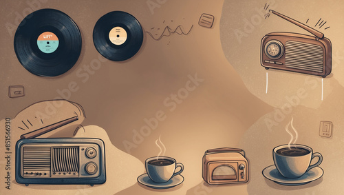 lofi concept graphic with warm, muted tones and a cozy, nostalgic vibe, featuring illustrated elements like vinyl records, vintage radios, and steaming cups of coffee. Soft textures and gentle