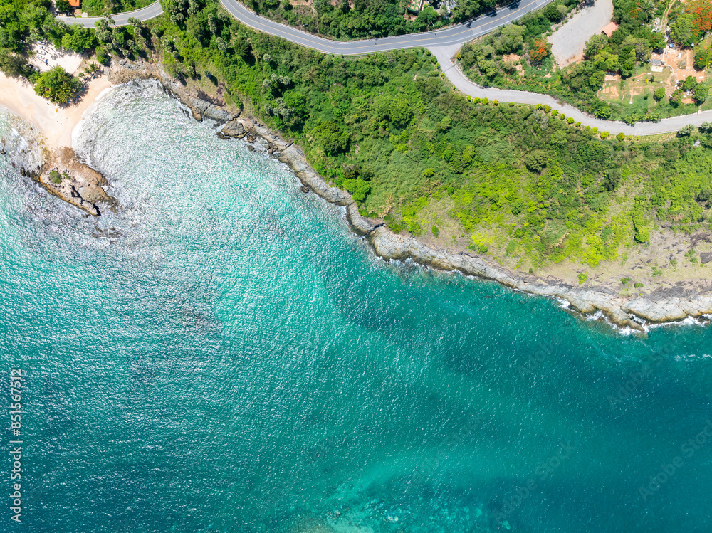 Fototapeta premium Amazing seascape view seashore and mountains, Aerial view of Tropical sea in the beautiful Phuket island Thailand, Travel and business tour website background concept