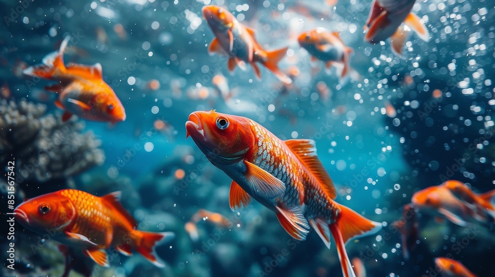 Fototapeta premium A close-up of an orange goldfish with other fish in the blue water background