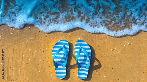 Blue and white striped flip flops on sandy beach with ocean waves in the background, representing a summer vacation vibe.