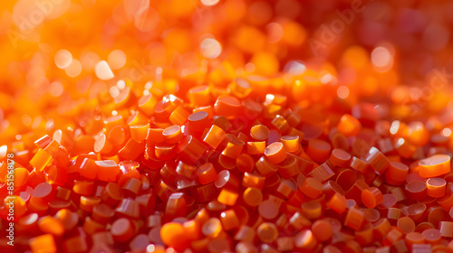 Plastik Granulat in orange, Ein Haufen mit Kunststoffgranulat, PA6, ASA, PP, Glasfaser, oranges Kunststoffgranulat zur Produktvorstellung, Kunststofftechnik, Spritzgusstechnik, 3D Druck