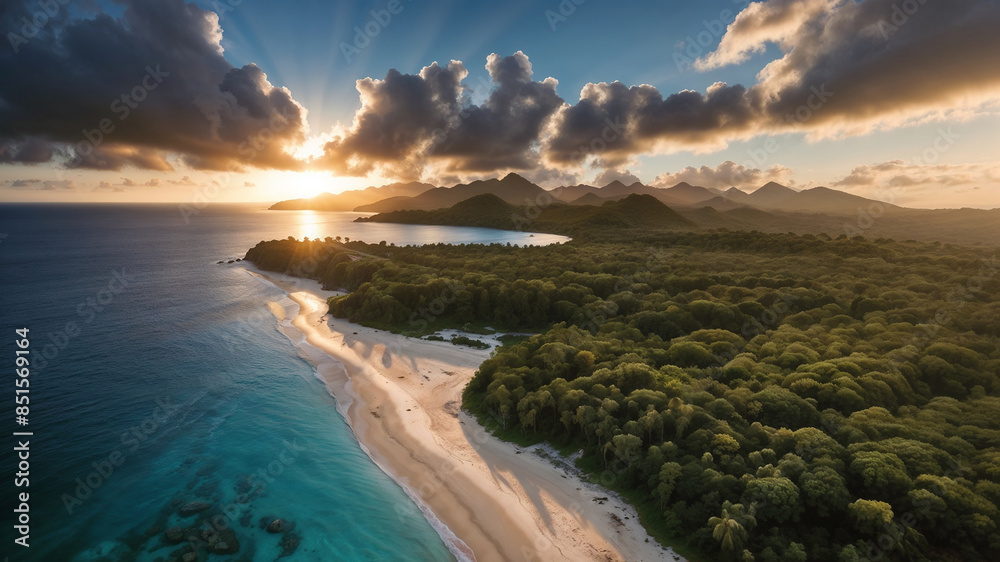 Obraz premium Heavenly Glimpse: Sunlit Tropics Under Stormy Skies