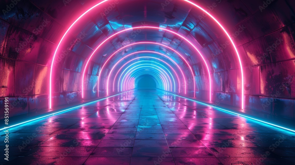 A neon-lit corridor with symmetrically arranged lights creating a stunning reflection on the floor A neon-lit corridor with symmetrically arranged lights creating a stunning reflection on the floor