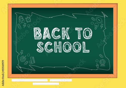 Chalkboard with "Back to School" text and educational doodles on a yellow background, perfect for school promotions, educational materials, and classroom decor. Ideal for welcoming students posts. EPS