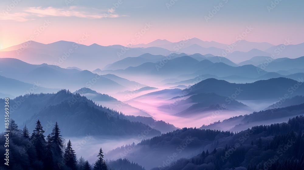 Landscape image of the mountain range in the morning with round fog in purple tones. Landscape image of the mountain range in the morning with round fog in purple tones.