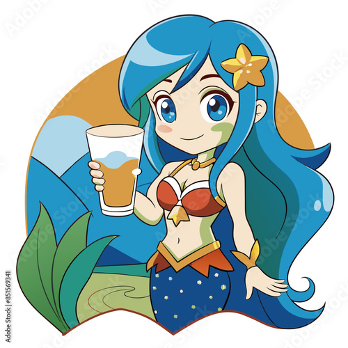 anime girl with flowing blue hair, wearing a mermaid costume, holding a milk glass with a seaside background