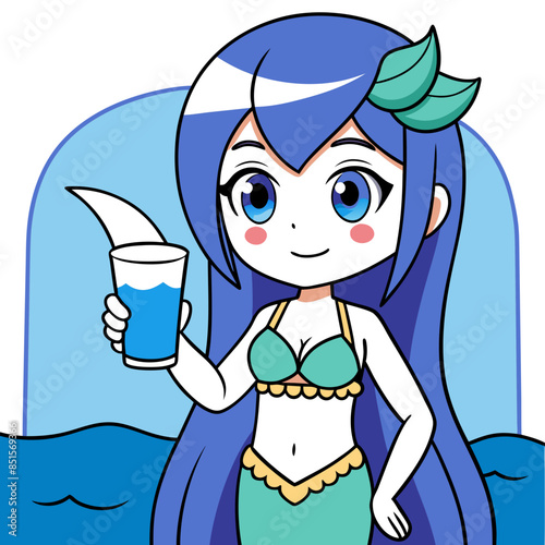 anime girl with flowing blue hair, wearing a mermaid costume, holding a milk glass with a seaside background