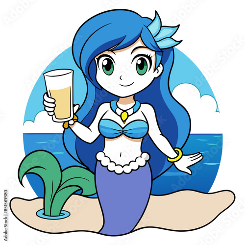 anime girl with flowing blue hair, wearing a mermaid costume, holding a milk glass with a seaside background