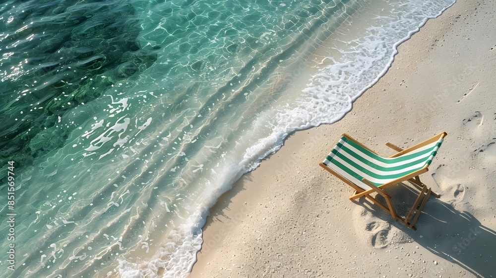 Lonely deck chair on pristine white sandy beach with turquoise waves gently crashing, creating a tranquil and serene coastal escape. Lonely deck chair on pristine white sandy beach with turquoise waves gently crashing, creating a tranquil and serene coastal escape.