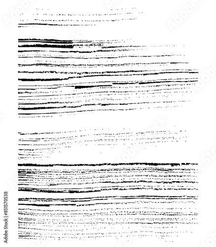 Texture of straight thin curved uneven interrupted parallel lines in black on white background, painted by hand with dry flat brush. Vector illustration of seamless texture spot for graphic design.