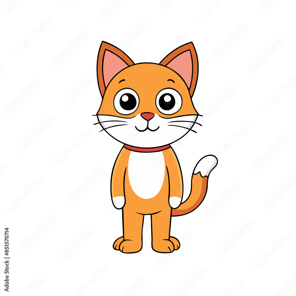 Orange Cat Cartoon Illustration - white markings, large eyes, red collar, standing Orange Cat Cartoon Illustration - white markings, large eyes, red collar, standing