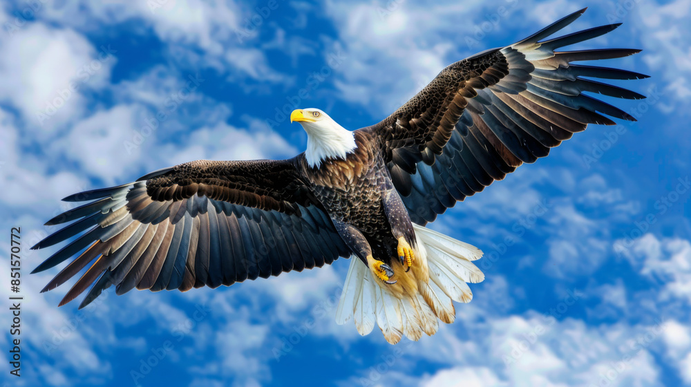Fototapeta premium bald eagle flying with open wings, full body portrait photo against a blue sky background