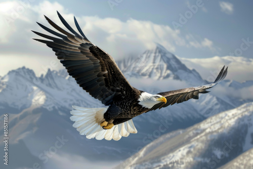 bald eagle flying with open wings, full body portrait photo against a blue sky background