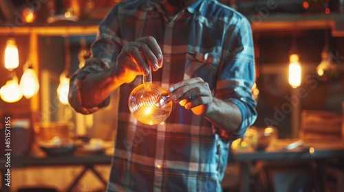 Close-up of hands holding a glowing flask in a dimly lit laboratory, illustrating scientific experimentation and discovery. photo