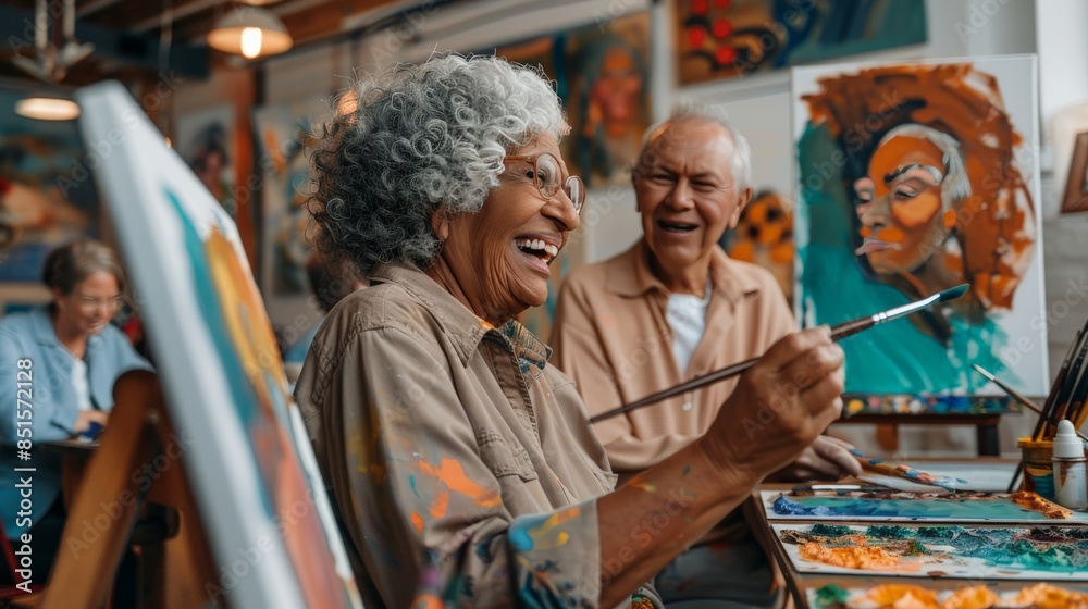 Group of seniors participating in a painting class at an art studio Group of seniors participating in a painting class at an art studio