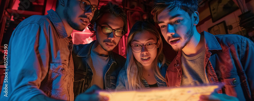 A group of friends attending an immersive escape room experience, solving puzzles and unraveling mysteries together.