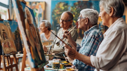 Group of seniors participating in a painting class at an art studio © Sasint