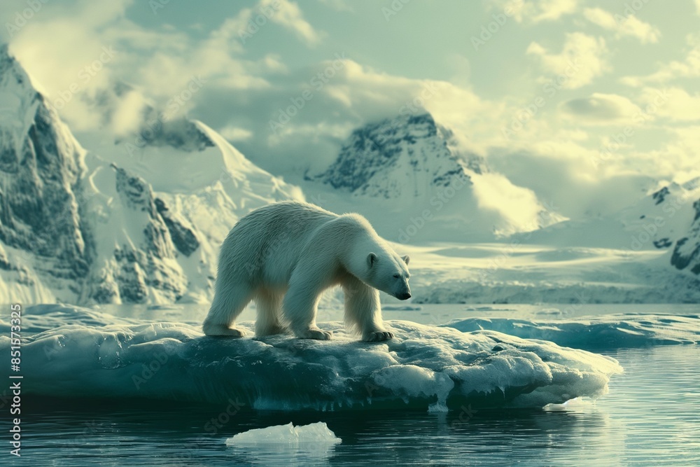 A polar bear standing alone on an ice floe in the Arctic Ocean, with mountains and sea behind it, illustrating the concept of climate change and global warming. A polar bear standing alone on an ice floe in the Arctic Ocean, with mountains and sea behind it, illustrating the concept of climate change and global warming.