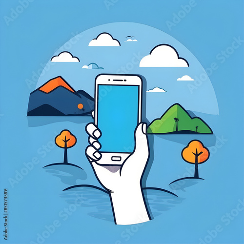 hand holding smartphone with landscape view isolated on blue background, vector ready for design, travelling program 