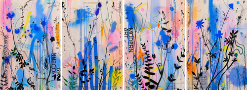 A series of vertical posters with colorful wildflowers and colorful abstract designs. A sense of movement is captured by dynamic lines and splashes of color throughout.