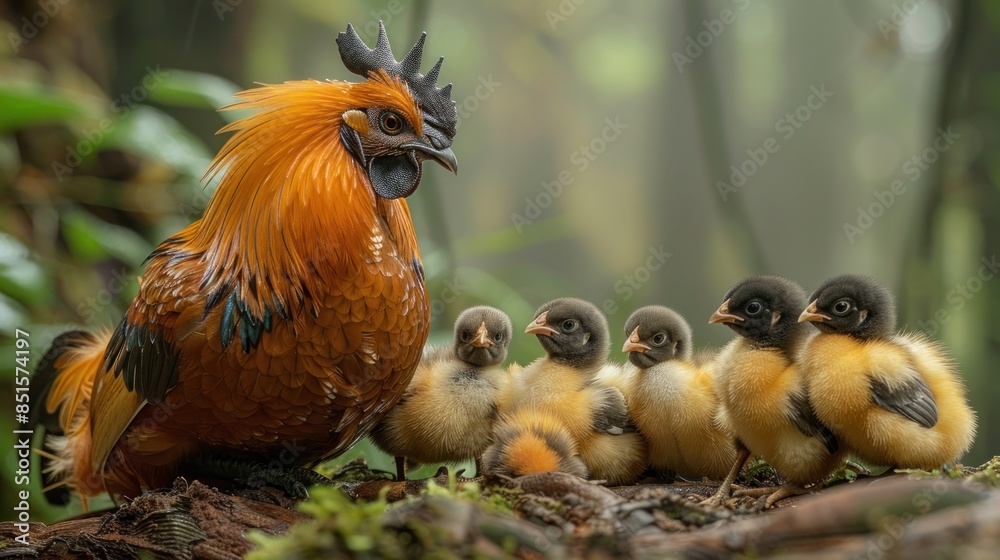 Fototapeta premium A Proud Rooster With Its Chicks in the Forest