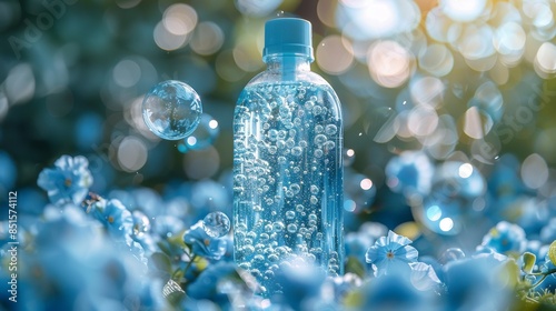 A striking water bottle encased in bubbles amongst vivid blue flowers, conveying purity and freshness