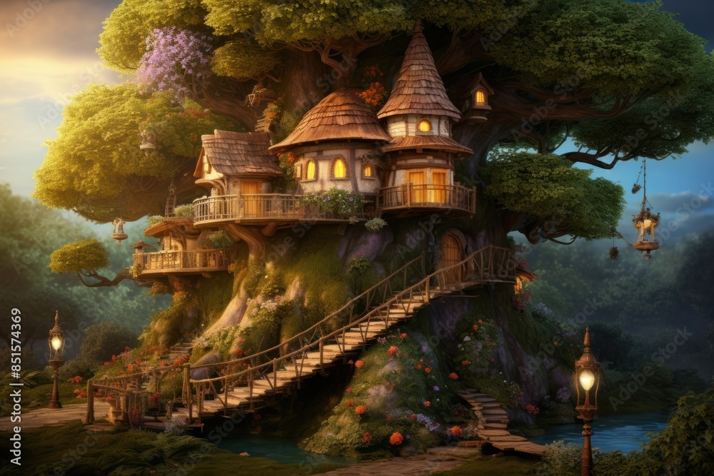 Obraz premium Tree House dwarfs house architecture building.