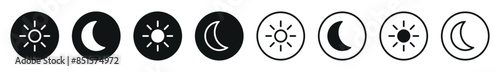 Dark and light, day and night mode icon set. Day night switch with editable stroke. Screen modes icons collection. Brightness and contrast level control symbols.