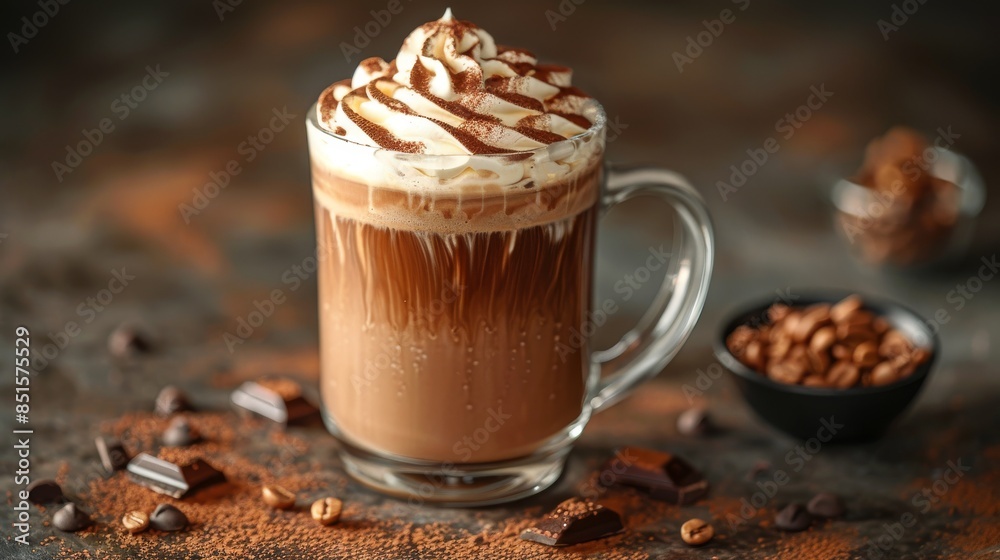 An appetizing hot chocolate drink topped with whipped cream and drizzled with chocolate, with nuts in the background An appetizing hot chocolate drink topped with whipped cream and drizzled with chocolate, with nuts in the background