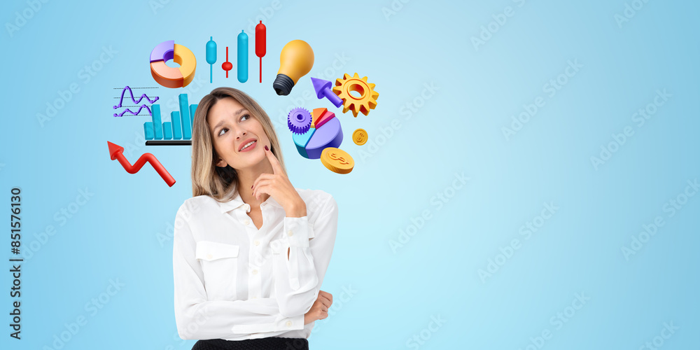 Businesswoman finger on chin with colorful financial analysis icons. Copy space Businesswoman finger on chin with colorful financial analysis icons. Copy space