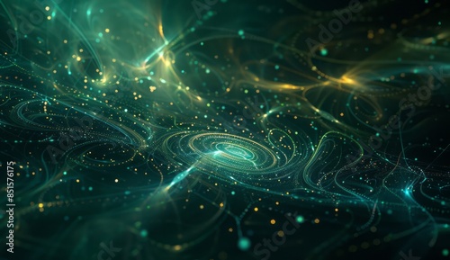 Abstract dark green and cyan background with swirling energy waves, creating an ethereal atmosphere