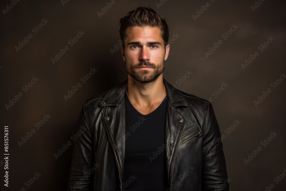 Portrait of a merry man in his 30s sporting a classic leather jacket while standing against plain cyclorama studio wall
