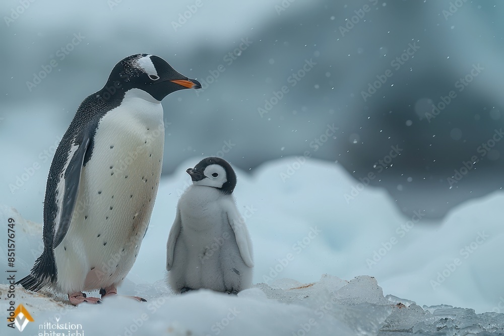 Obraz premium A fluffy penguin chick standing on a patch of ice, with its parent nearby. The chick is looking up at the adult penguin with admiration