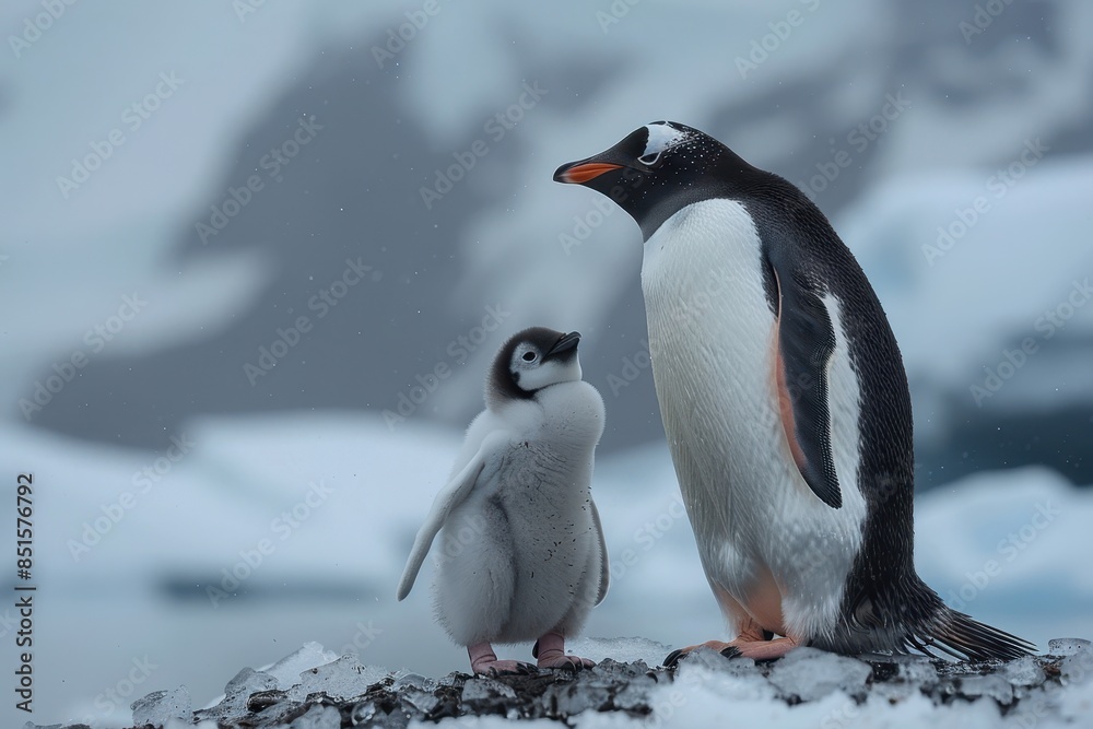 Fototapeta premium A fluffy penguin chick standing on a patch of ice, with its parent nearby. The chick is looking up at the adult penguin with admiration