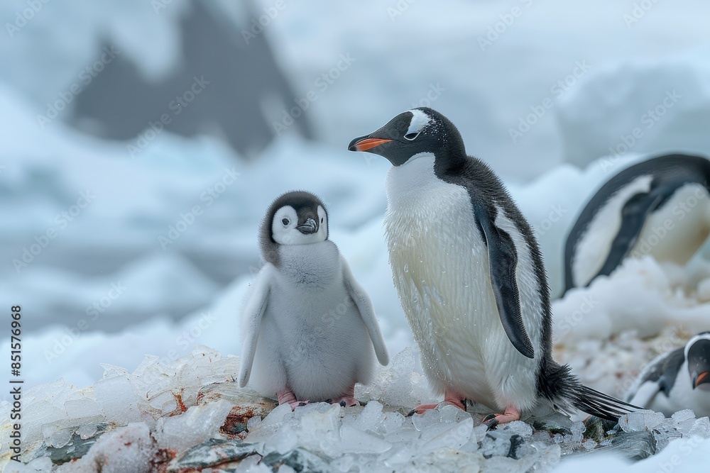 Obraz premium A fluffy penguin chick standing on a patch of ice, with its parent nearby. The chick is looking up at the adult penguin with admiration